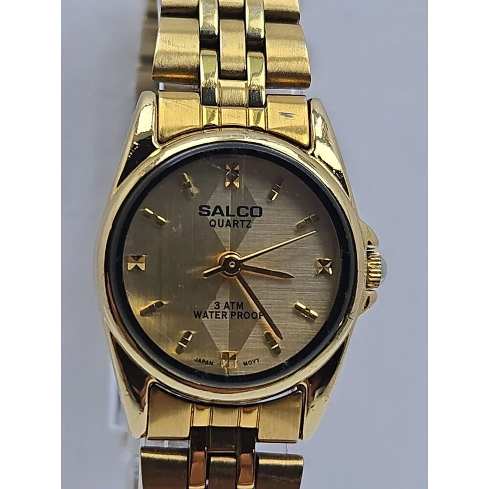 Womens Salco Gold Tone Quartz Bracelet Dress Watch Dainty Petite New Battery